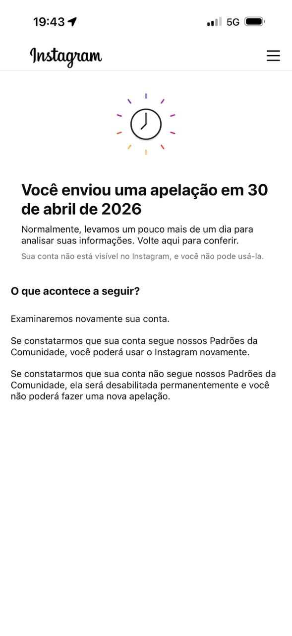 Tela do Instagram informando que uma apelação foi enviada e está em análise