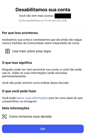 Tela do Instagram informando que a conta foi desabilitada e não permite nova análise